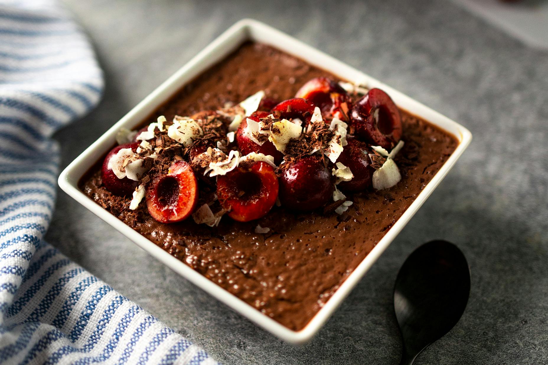 A cup of Cherry Chocolate Chia Protein Pudding