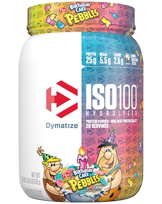 A single tub of Dymatize ISO100 Pebbles Birthday Cake