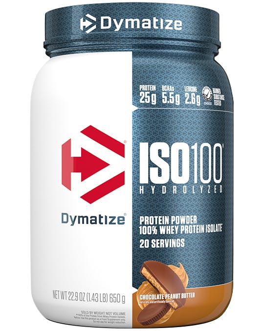 A single tub of Dymatize ISO100 Chocolate Peanut Butter