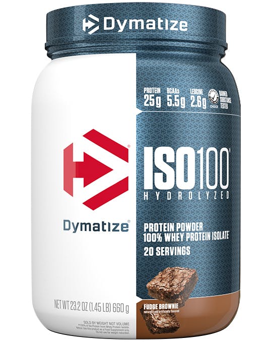 A single tub of Dymatize ISO100 Fudge Brownie