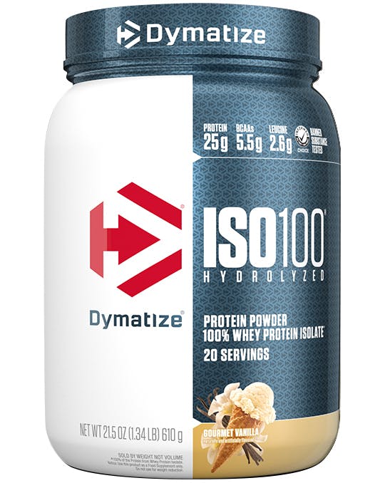 A single tub of Dymatize ISO100 Gourmet Vanilla