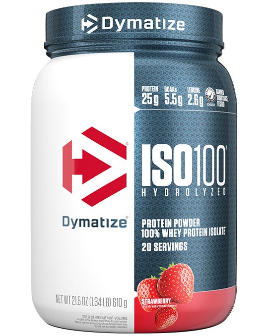 A single tub of Dymatize ISO100 Strawberry