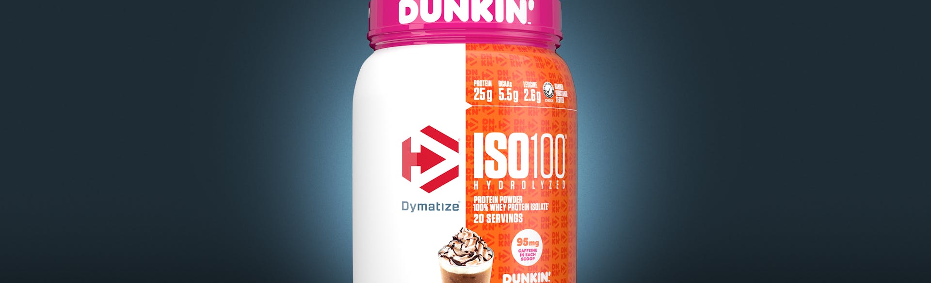 A single tub of Dymatize ISO100 Dunkin Mocha Latte