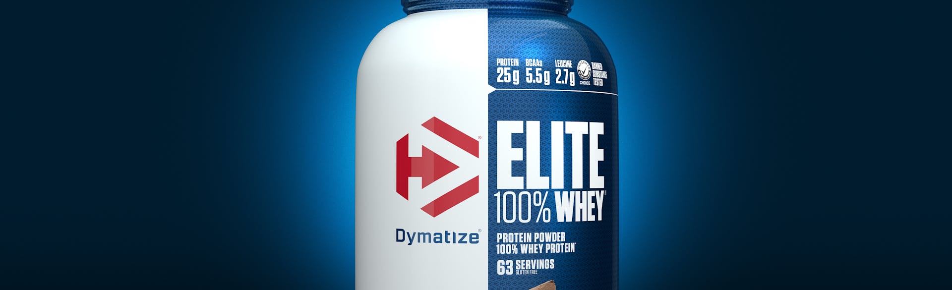 A single tub of Dymatize Elite 100 Whey Rich Chocolate