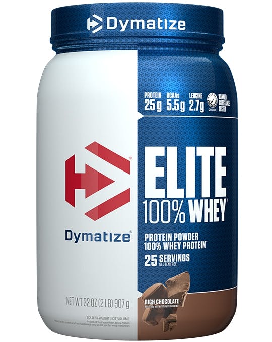 A single tub of Dymatize Elite 100 Whey Rich Chocolate
