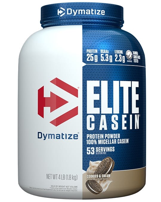 A single tub of Dymatize Elite Casein Cookies & Cream