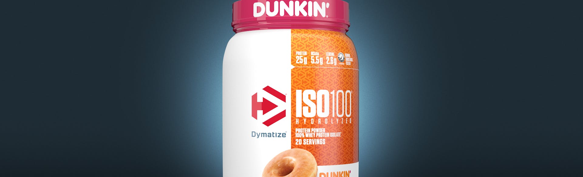 A tub of Dymatize ISO100 Dunkin Glazed Donut Flavor