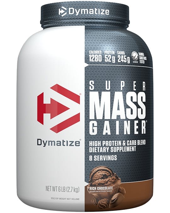 A single tub of Dymatize Super Mass Gainer Rich Chocolate