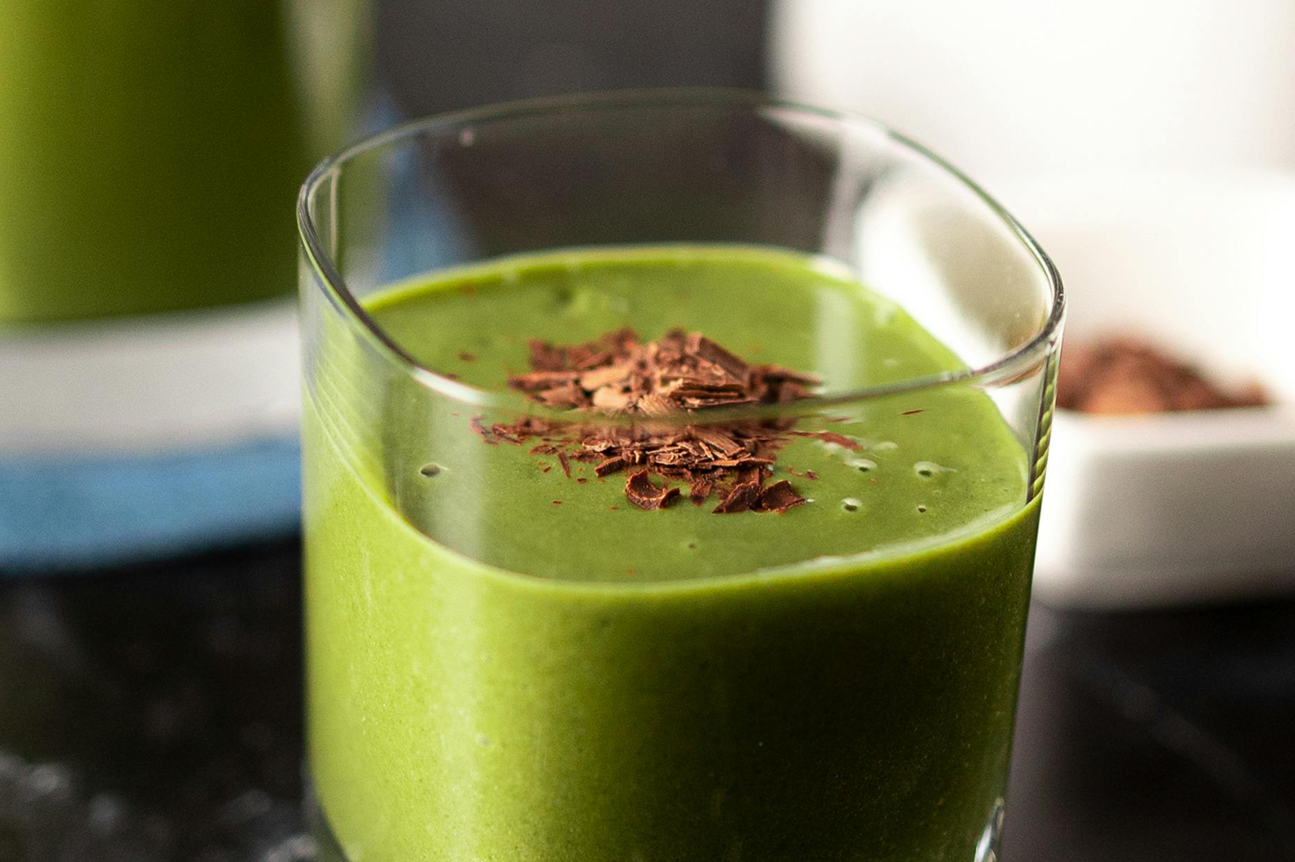 A glass full of Vegan Mint Chocolate Protein Shake